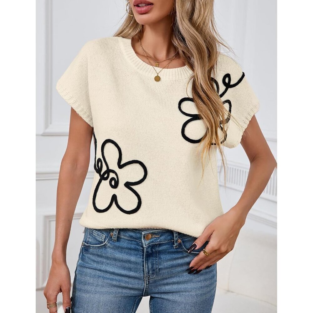Womens Knit Sweater Vest Polyester Cap Sleeve Floral Light Spring Layered - Picture 5 of 6